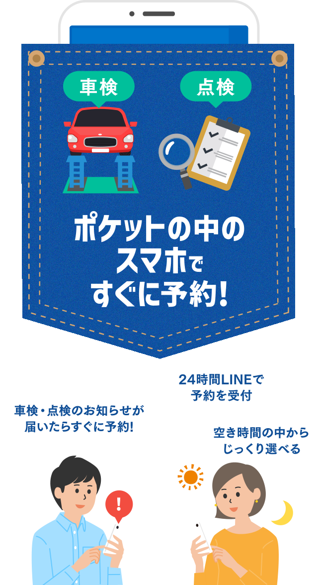 車検・点検のお知らせが届いたらすぐに予約、24時間LINEで、予約を受付、空き時間の中からじっくり選べる